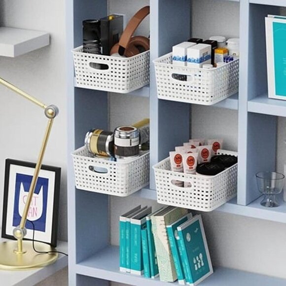 Plastic Storage Baskets, 6 Pack White Weave Bins Organizer, 10.1"x7.55"x4.1" - Picture 1 of 8